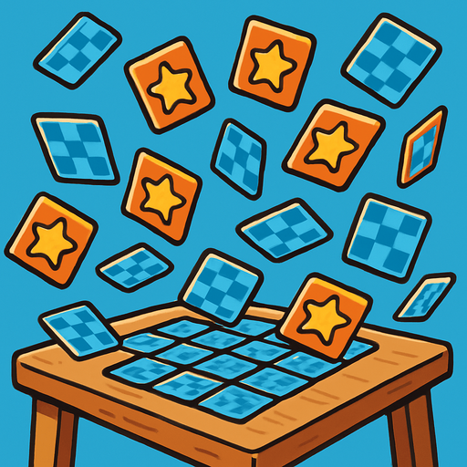 A table with the game Memory on it that got jostled so the card are flying in the air..
In-Game asset.  2d.  High contrast.  No shadows. Cartoon style. 3D image