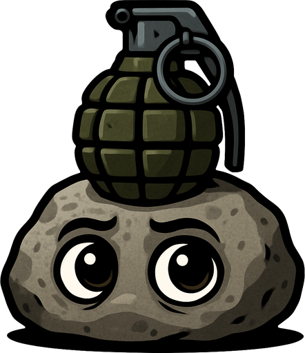 una piedra con ojos muy realista con una granada encima.
In-Game asset.  2d.  High contrast.  No shadows