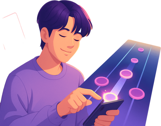 Fullscreen modern App Store landscape banner, 16:9, high definition, for a game titled "BTS Harmony Rush" and with the description "An interactive rhythm game featuring BTS where players tap to the beat of iconic K-pop tracks while collecting member cards and maintaining combo streaks to achieve high scores.". No text on banner!