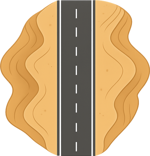 Sand dunes that will appear larger on the right and left, asphalt road in the middle, desert road. It will be suitable for a map that will be in the game. No background. Transparent background. Blank background. No shadows. 2d. In-Game asset. flat