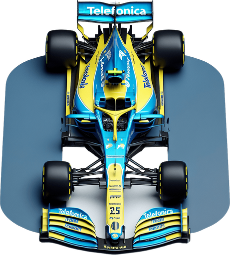 F1 Renaiult race car. Top View. Skyblue and yellow body with deepblue stripes. Deepblue rearwing. Sponsor: "Telefonica"text neonyellow. White"Team Spirit" on front wing. Deepblue"RENAiULT" text on body..
Single Game Texture. In-Game asset. 2d. Blank background. High contrast. No shadows.