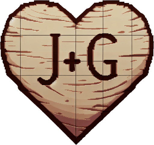 J+G ingrained in a heart, on wood by a knife.
Single Game Texture. In-Game asset. 2d. Blank background. High contrast. No shadows.