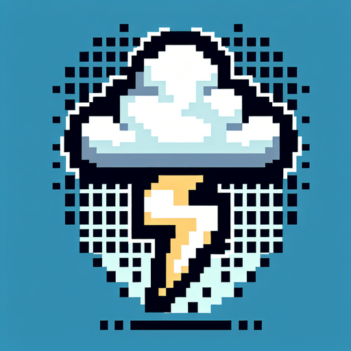 Retro art rain cloud with lighting bolt coming out the bottom 2d pixel art button logo.
Single Game Texture. In-Game asset. 2d. Blank background. High contrast. No shadows.