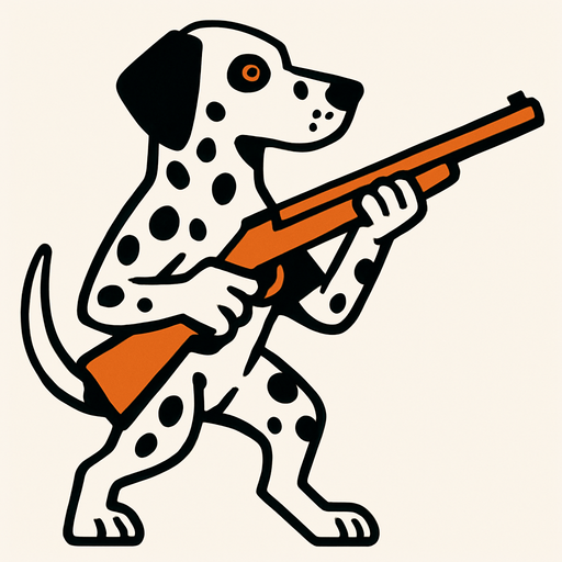 dalmation dog holding a gun.
In-Game asset.  2d.  High contrast.  No shadows. hunting