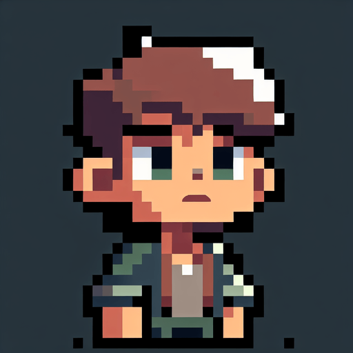 a boy who is lost and sad, now background and only a few pixels.
Single Game Texture. In-Game asset. 2d. Blank background. blocky contrast. round shadows.