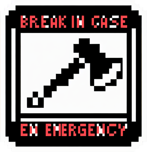 Break in case of emergency square. Ax drawing inside. simple. 8-bit. cartoon. blackand white..
Single Game Texture. In-Game asset. 2d. Blank background. High contrast. No shadows.
