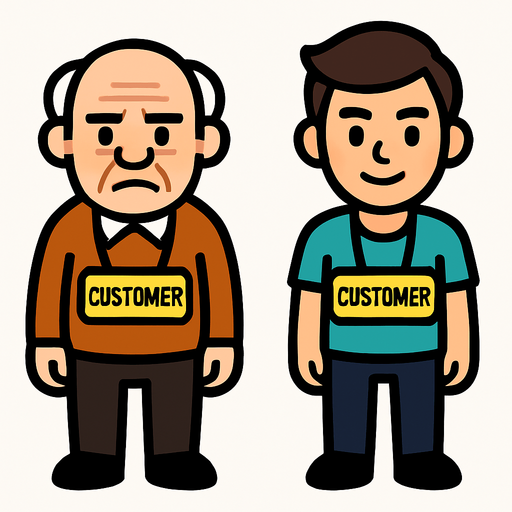 bana bir tane 2d önden bakılmış yaşlı customer bir tane de 2d önden bakılmış genç bir customer çiz.
In-Game asset.  2d.  High contrast.  No shadows