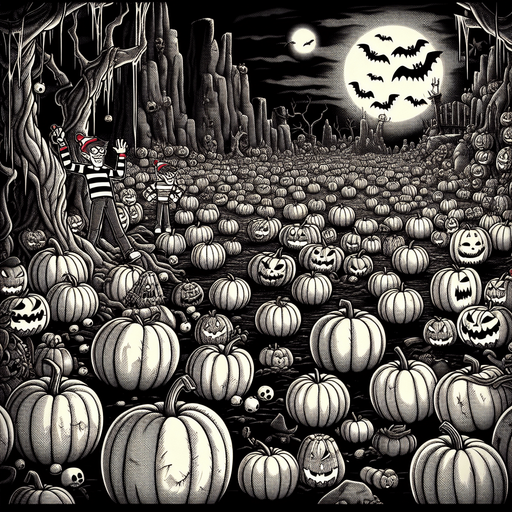 Generate a high quality cartoon background Halloween image on a black canvas similar to the format of where is waldo with a hellish environment filled with pumpkins.
Single Game Texture. In-Game asset. 2d. Blank background. High contrast. No shadows.