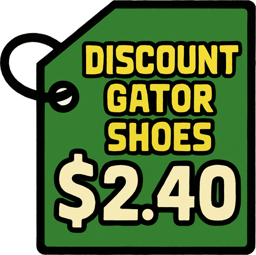 Green pricetag that says discount gator shoes $2.40.
In-Game asset.  2d.  High contrast.  No shadows