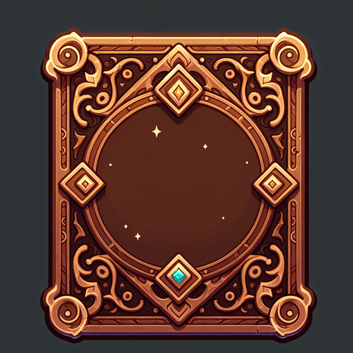 A cardback in brown empy color with mystical corners.
Single Game Texture. In-Game asset. 2d. Blank background. High contrast. No shadows.