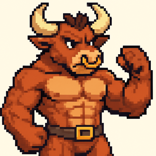 Toro furry fuerte sin camisa pixelado.
In-Game asset.  2d.  High contrast.  No shadows