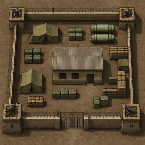 Askeri karakol, üstten görünüm, gerçekçi, yazısız.
In-Game asset.  High contrast.  No shadows