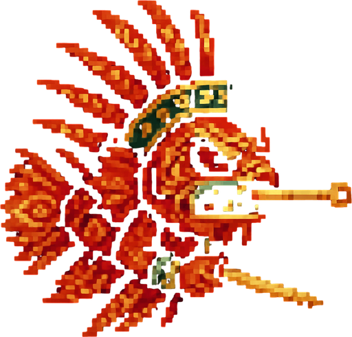 Genérame una Pez leon guerrero azteca con eso patrones, estilo pixelar, con una apariencia maligna, ojos rojos, rabioso. Unidad a distancia, con cerbatana. Animal.
In-Game asset.  2d.  High contrast.  No shadows