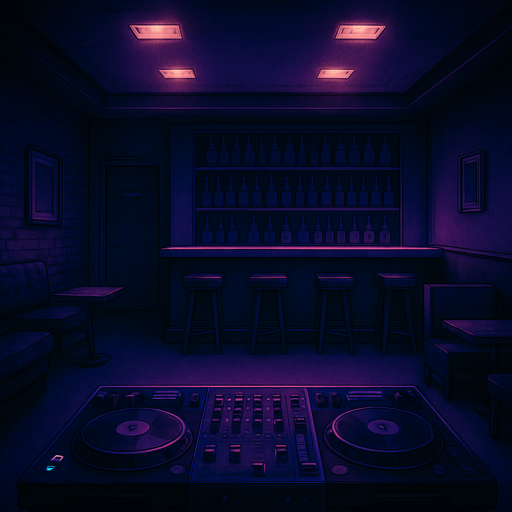 semi-realistic comic book style, moody neon lighting, lo-fi urban atmosphere, rich textures, cinematic framing, purple and blue tones, soft gradients, ambient reflections