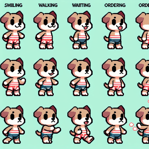 A spritesheet with a number of poses of an happy little dog in swimming trunks, smiling, walking, waiting, standing, ordering, turning, etc. all seen from the side.The spritesheet should be laid out in a rectangular grid with clear space between each individual sprite. Each sprite in the sheet should be around 300x600 pixels in size..
Single Game Texture. In-Game asset. 2d. Blank background. High contrast. No shadows.