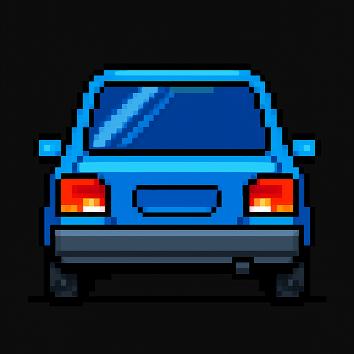 arkası dönük mavi bir pixel araba ekle.
In-Game asset.  2d.  High contrast.  No shadows