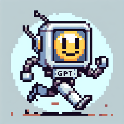 pixel art of a chat gpt robot running with gpt engraved on his chest and a smiley face on his robot visor.
Single Game Texture. In-Game asset. 2d. Blank background. High contrast. No shadows.