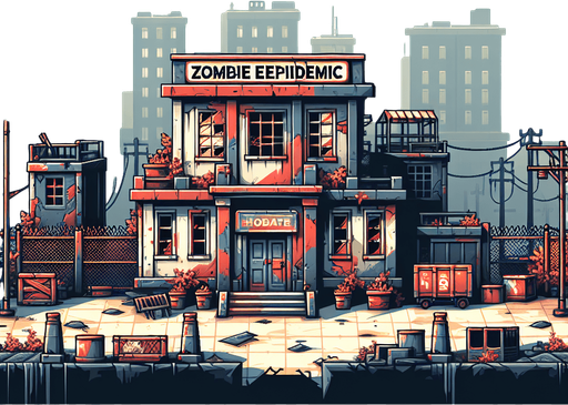 zombie epidemic abaounded place.
Single Game Texture. In-Game asset. 2d. Blank background. High contrast. No shadows.