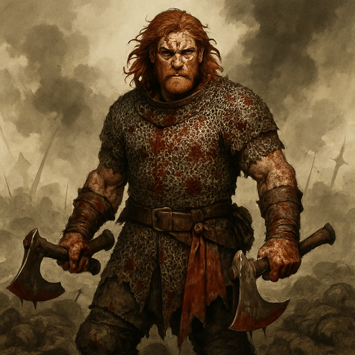 A brutal mercenary captain in blood-stained chainmail, wielding twin axes. Male, 40 years old, muscular and wild, shoulder-length red hair, fiery amber eyes, freckled and scarred face. A severed banner tied to his belt, his hands wrapped in bloodied leather. He stands amidst fallen enemies in a smoky battlefield. Realistic, highly detailed, brutal war setting. realistic.
In-Game asset.  2d.  High contrast.  No shadows