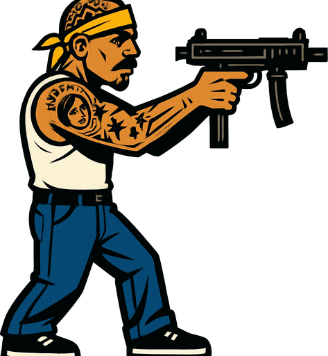 un pandillero mexicano apuntando con un SMG con la perspectiva lateral.
In-Game asset.  2d.  High contrast.  No shadows de cuerpo completo