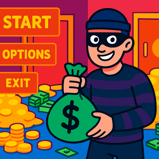 Bu bir oyun menüsü arkaplanı, elinde para çantası tutan 2d bir hırsız altınlar ve paraların olduğu bir odada ekrana bakıyor. canlı renkler.
In-Game asset.  2d.  High contrast.  No shadows