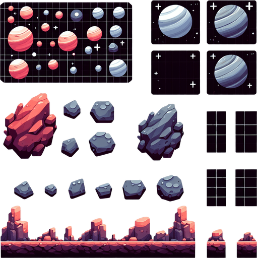 Space rocks.
Single Game Texture. In-Game asset. 2d. Blank background. High contrast. No shadows.