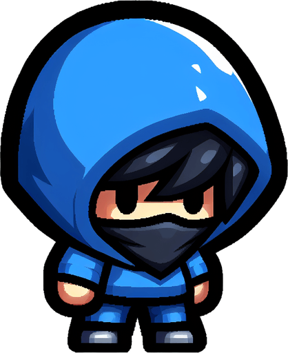 Pessoa pequena de cabelo preto usando capuz azul e calça azul pequena que esconde sua face com o seu capuz.
Single Game Texture. In-Game asset. 2d. Blank background. High contrast. No shadows.