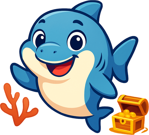 A cute cartoon-style shark character designed for a mobile game. Smooth and slightly chubby body, big round eyes with a friendly sparkle, a wide cheerful grin with small, non-scary teeth. Light gray or blue-gray color with a soft white belly. Playful pose, as if swimming happily or waving a fin. Simple colorful underwater background with bubbles, coral, or treasure chests. Joyful and friendly expression, perfect for kids. High-quality digital illustration, ideal for a children’s game..
In-Game asset.  2d.  High contrast.  No shadows. cartoon style