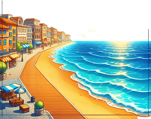 A beautiful scenery looking out to sea from an empty beach side promenade on a bright summer day. Happy game illustration style for a casual family friendly game..
Single Game Texture. In-Game asset. 2d. Blank background. High contrast. No shadows.