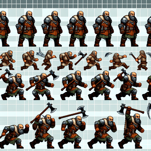 A spritesheet with various poses for a heavily armored little dwarven warrior with an axe in various poses for use in an endless runner game. Te poses should include walking, eating, jumping, ducking low, and chargingforward. Sprites should be laid out in a rectangular grid wih blank space between them. Style should be medieval fantasy..
Single Game Texture. In-Game asset. 2d. Blank background. High contrast. No shadows.