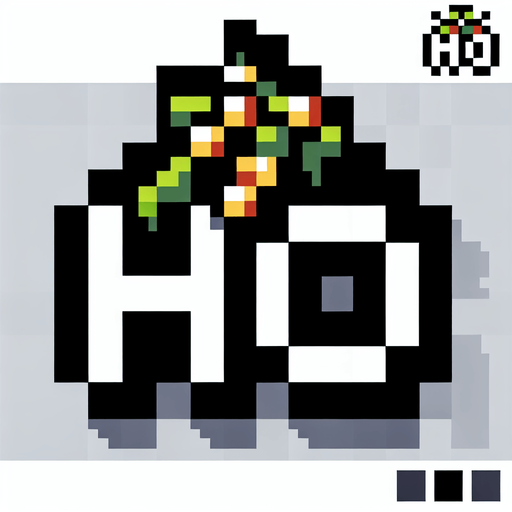 text saying "HO". mistletoe themed. Single Game Texture. In-Game asset. 2d. Blank background. High contrast. No shadows. pixelated. 8 bit