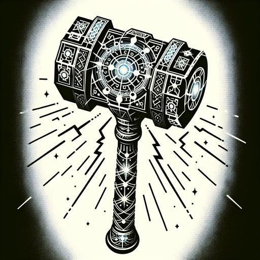 A glowing, ornate hammer imbued with power, or a weapon silhouette undergoing a visible transformation with radiating light and complex runic patterns..
Single Game Texture.  In-Game asset.  2d.  Blank background.  High contrast.  No shadows