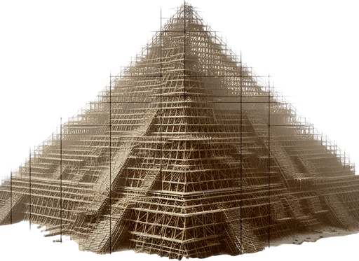 An animated image of an unfinished pyramid, with a label 'The building of the Pyramids of Giza.
Single Game Texture. In-Game asset. 2d. Blank background. High contrast. No shadows.