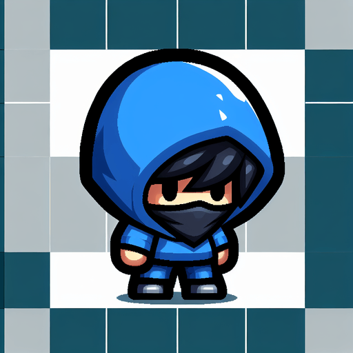 Pessoa pequena de cabelo preto usando capuz azul e calça azul pequena que esconde sua face com o seu capuz.
Single Game Texture. In-Game asset. 2d. Blank background. High contrast. No shadows.