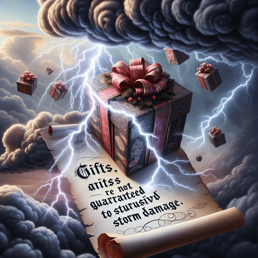 a pergament of a christmas present hit by a storm lightning in the sky. There is the text: "Gifts are not guaranteed to withstand storm damage."
