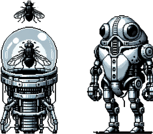 Genera un robot con una cupula de cristal donde se vea una mosca, de resto genera un cuerpo totalmente robotico de un escarabajo blindado en pixel art mirando hacia la izquierda.
Single Game Texture.  In-Game asset.  2d.  Blank background.  High contrast.  No shadows