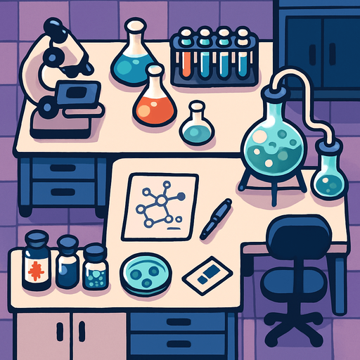 Vista desde arriba de un laboratorio.
In-Game asset.  2d.  High contrast.  No shadows