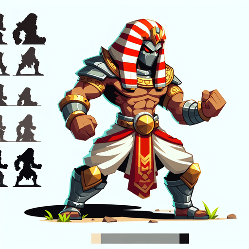 An animated image of an aggressive egyptian warrior.
Single Game Texture. In-Game asset. 2d. Blank background. High contrast. No shadows.