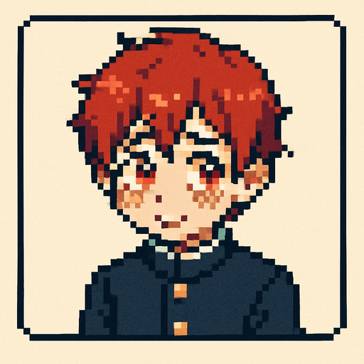 A cute 15-year-old red-haired boy with bright red eyes, wearing a traditional Japanese school uniform (gakuran). He is framed inside a square, showing a shy expression: blushing cheeks, slightly averted gaze, and a small, nervous smile. His shoulders are slightly hunched, giving off a sense of insecurity, yet his cuteness stands out clearly. The image is illustrated in Pixel Art style..
In-Game asset.  2d.  High contrast.  No shadows