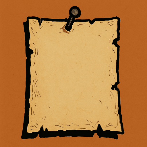 çivi ile duvara asılı hafif yıpranmış parşomen.
In-Game asset.  2d.  High contrast.  No shadows