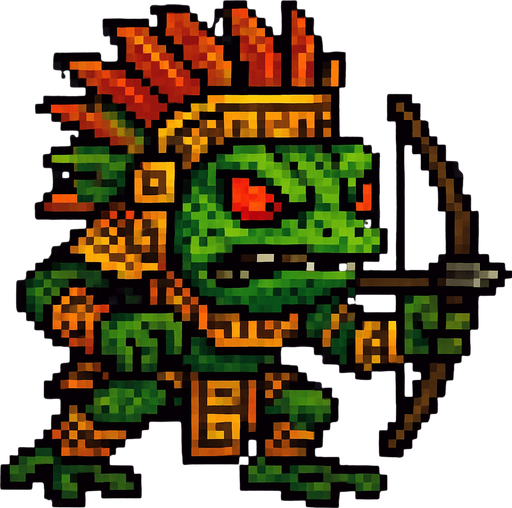 Genérame una Rana de Cristal  guerrero azteca con eso patrones, estilo pixelar, con una apariencia maligna, ojos rojos, rabioso. Unidad a distancia, con un arco o cerbatana. Animal.
In-Game asset.  2d.  High contrast.  No shadows