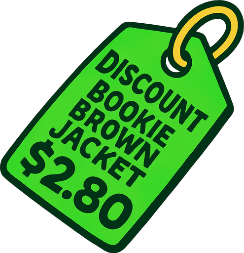green price tag that says discount Dookie Brown Leather Jacket $2.80.
In-Game asset.  2d.  High contrast.  No shadows