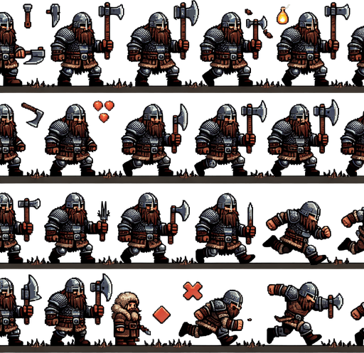 A spritesheet with various poses for a heavily armored little dwarven warrior with an axe in various poses for use in an endless runner game. Te poses should include walking, eating, jumping, ducking low, and chargingforward. Sprites should be laid out in a rectangular grid wih blank space between them. Style should be medieval fantasy..
Single Game Texture. In-Game asset. 2d. Blank background. High contrast. No shadows.