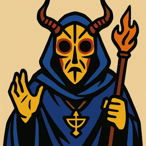 Mor perelinli bir büyücü yüzünde bir pagan maskesi var.
In-Game asset.  2d.  High contrast.  No shadows