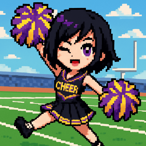 A cute anime-style girl rendered in pixel art, with an emo aesthetic and striking purple eyes, is wearing a high school cheerleader uniform and holding pom-poms in both hands. With her arms and legs extended in a dynamic pose, she winks playfully while cheering. The background is an American football field.
