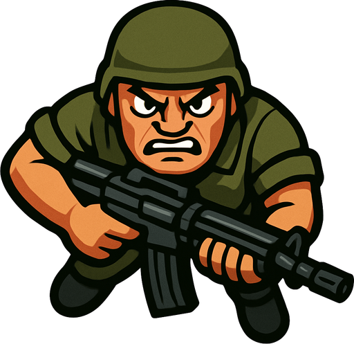 Yukardan bakış asker ve yüz ekle sinirli.
Elinde büyük bir silah var In-Game asset.  2d.  High contrast.  No shadows