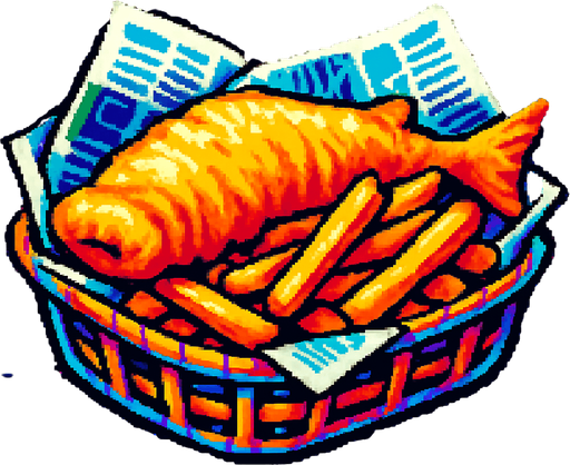 Cooked fish and chips in a newspaper lined basket. Side view. 80s arcade machine graphics..
In-Game asset.  2d.  High contrast