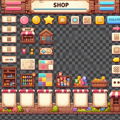 shopmenu transparent background.
Single Game Texture. In-Game asset. 2d. Blank background. High contrast. No shadows.
