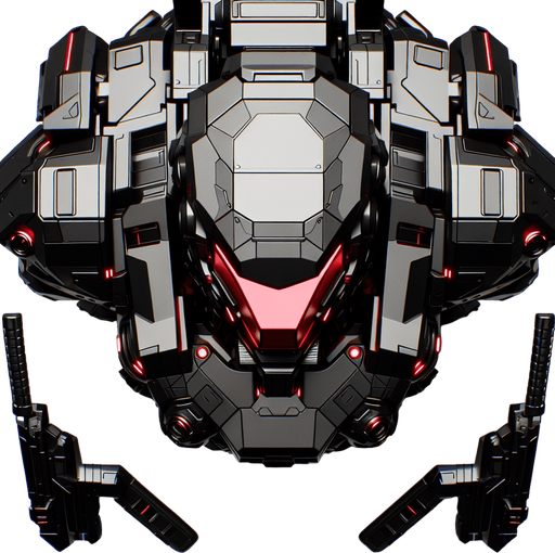 Overhead view. A sleek battle robot with a wide red visor across the head. Three distinct parts, body and two arms. Symmetrical design. Birds Eye view above them looking down on their head. Simple shapes. Low detail. Cyberpunk, black with red glowing highlights..
Single Game Texture. In-Game asset. 2d. Blank background. High contrast. No shadows.