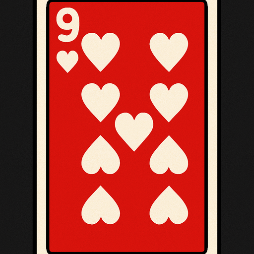 Rectangular card numbered 9, with a white border around it and a red background..
In-Game asset.  2d.  High contrast.  No shadows